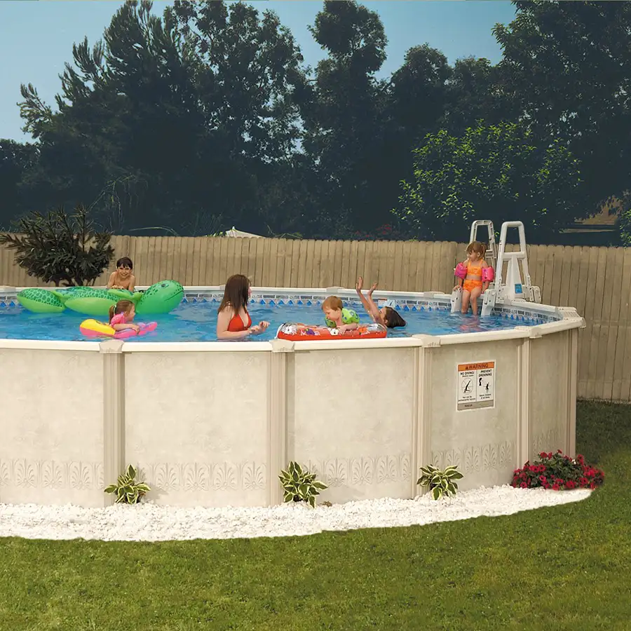 family and friends enjoying large above-ground pool, doughboy autumn breeze model - Decatur, IL